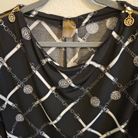 Anne Klein Woman SZ L Bit and Chain Print Knit Blouse Zipper Shoulder Scoop Neck - Picture 4 of 8